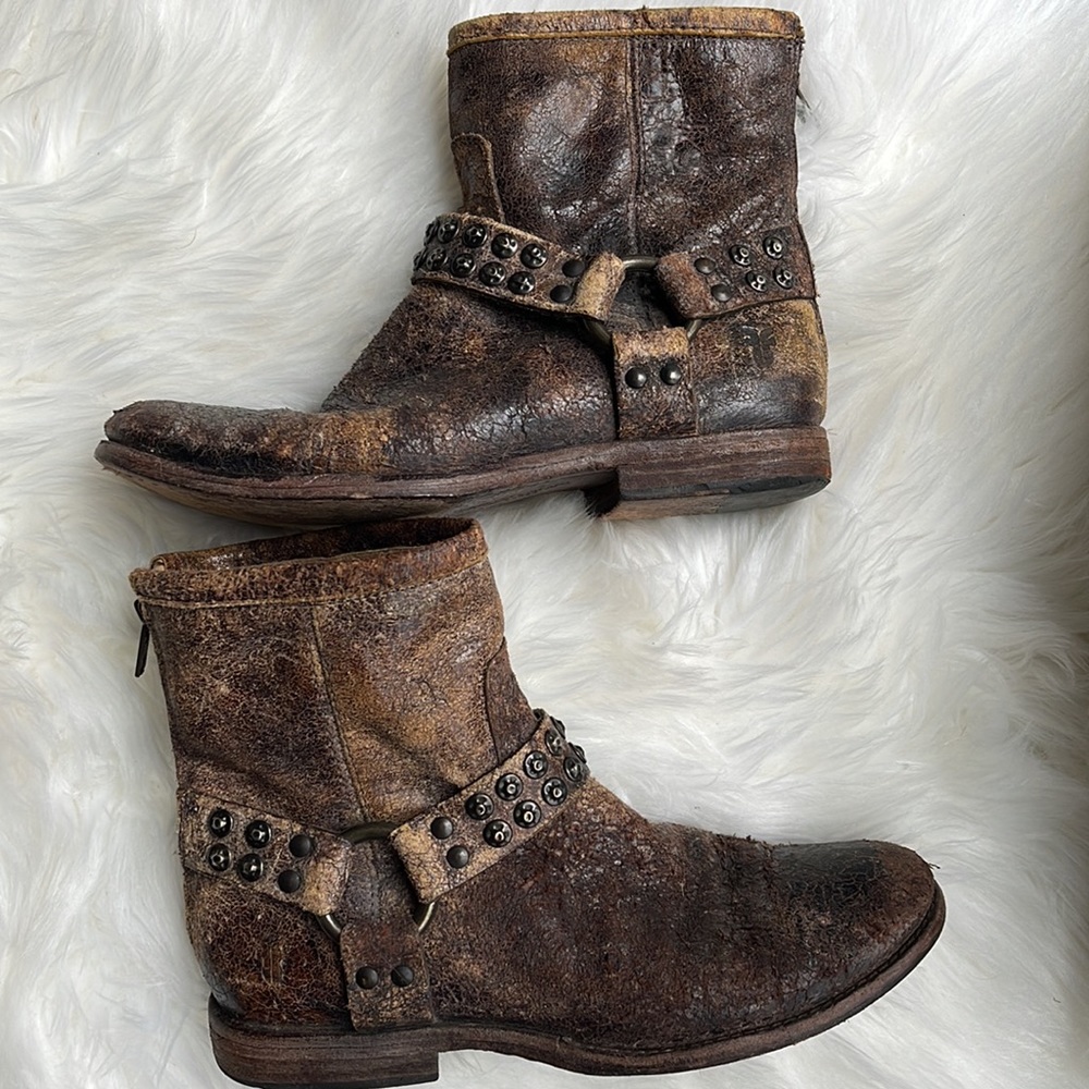 Frye Deborah Distressed Harness Leather Booties